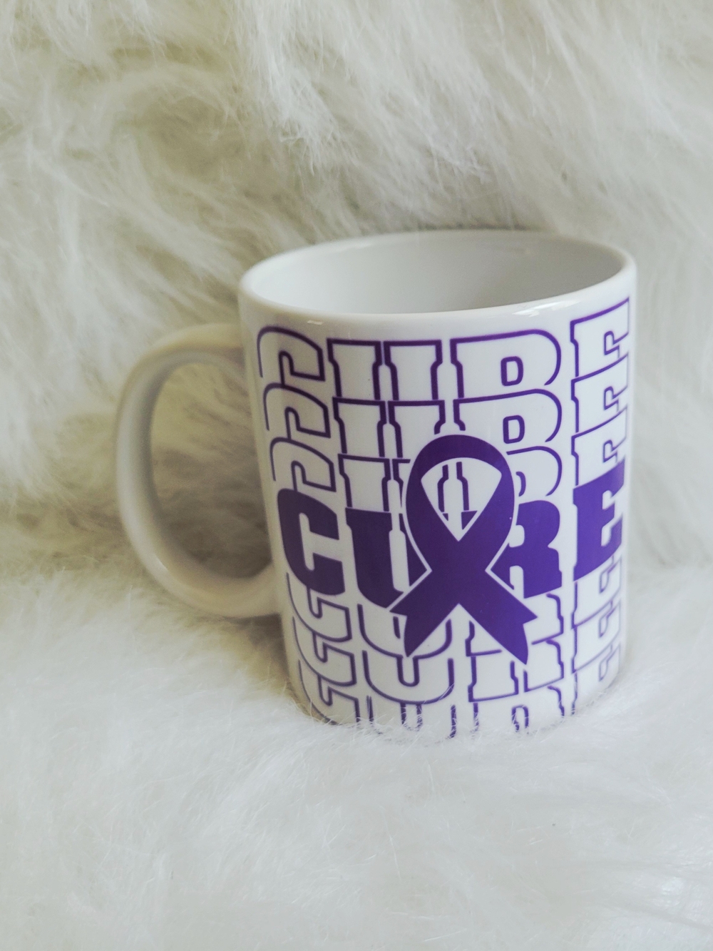 White Ceramic Mug with Purple Ribbon Cancer Awareness Design